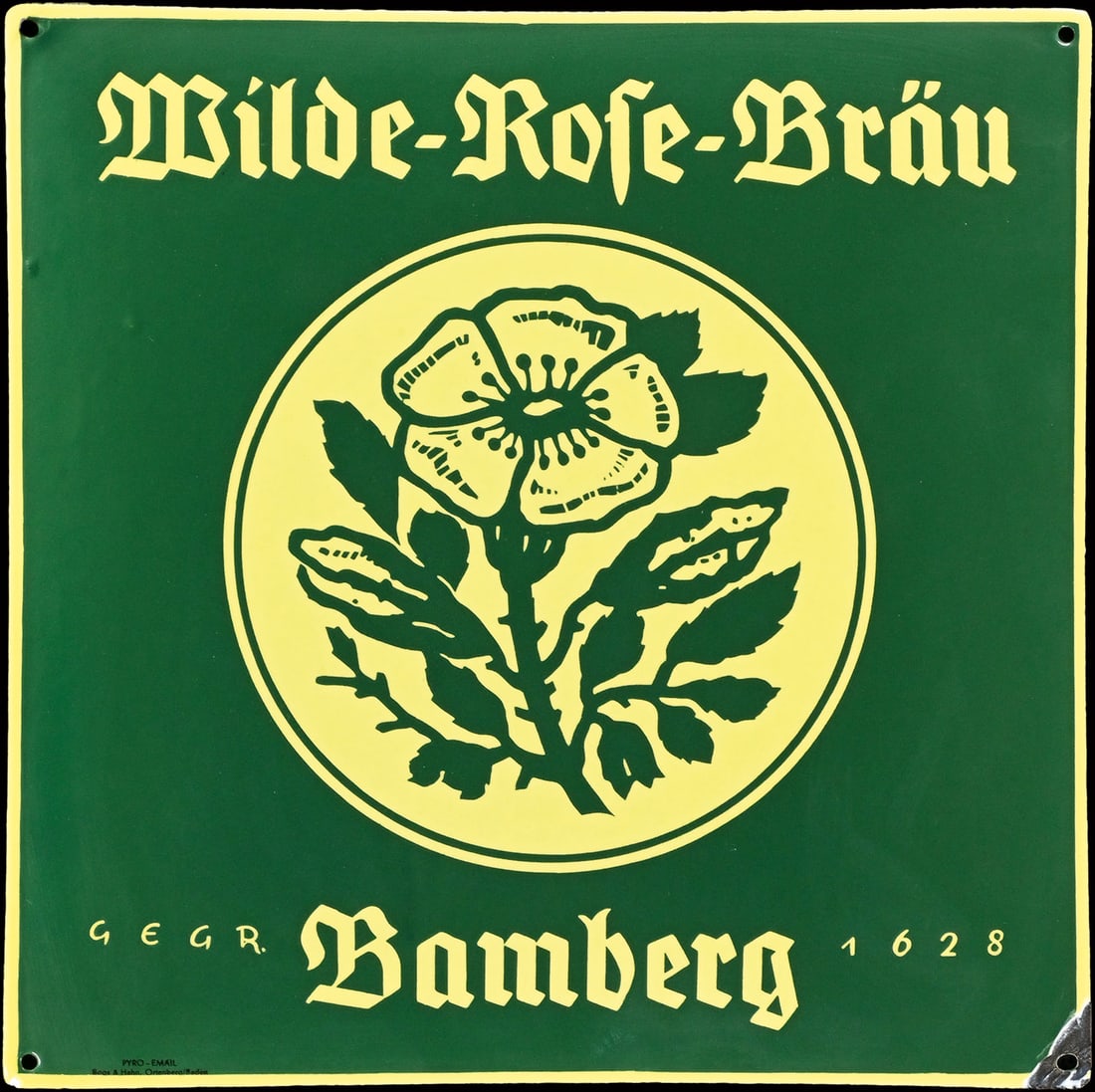 WILDE-ROSE-BRAEU | RARE PORCELAIN SIGN | (1): Porcelain sign ( Enamel sign ), convex, stenciled, GER around 1950, 40 x 40 cm, Boos & Hahn, Ortenberg/Baden, one of the rare beer signs from Bamberg | We do only sell old original pieces - no reprodu