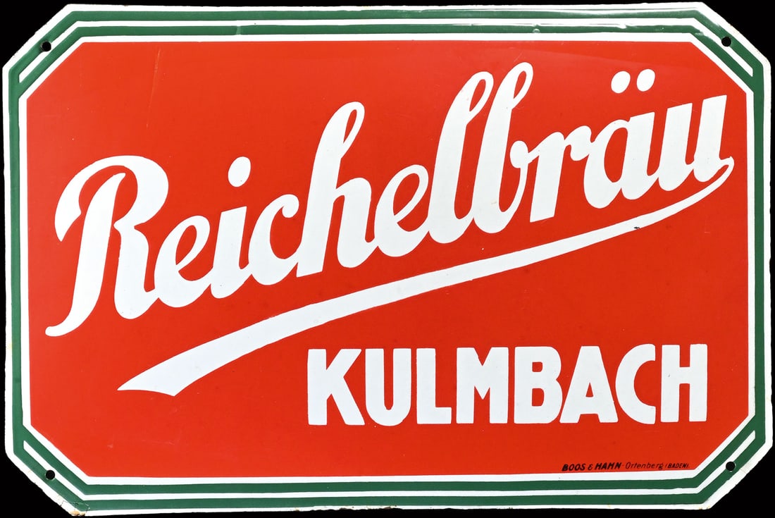 REICHELBRAEU | PORCELAIN SIGN | (1): Porcelain sign ( Enamel sign ), convex, stenciled, GER around 1930, 49 x 33 cm, Pyro-Email, Boos & Hahn, Ortenberg-Baden, the surface a bit dull due to manufacturing | We do only sell old original pie