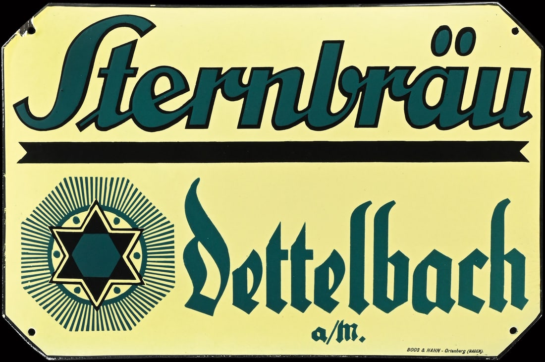 STERNBRAEU DETTELBACH | PORCELAIN SIGN | (1): Porcelain sign ( Enamel sign ), convex, stenciled, GER around 1930, 49 x 33 cm, Pyro-Email, Boos & Hahn, Ortenberg-Baden, the back with old mounting manual | We do only sell old original pieces - no r