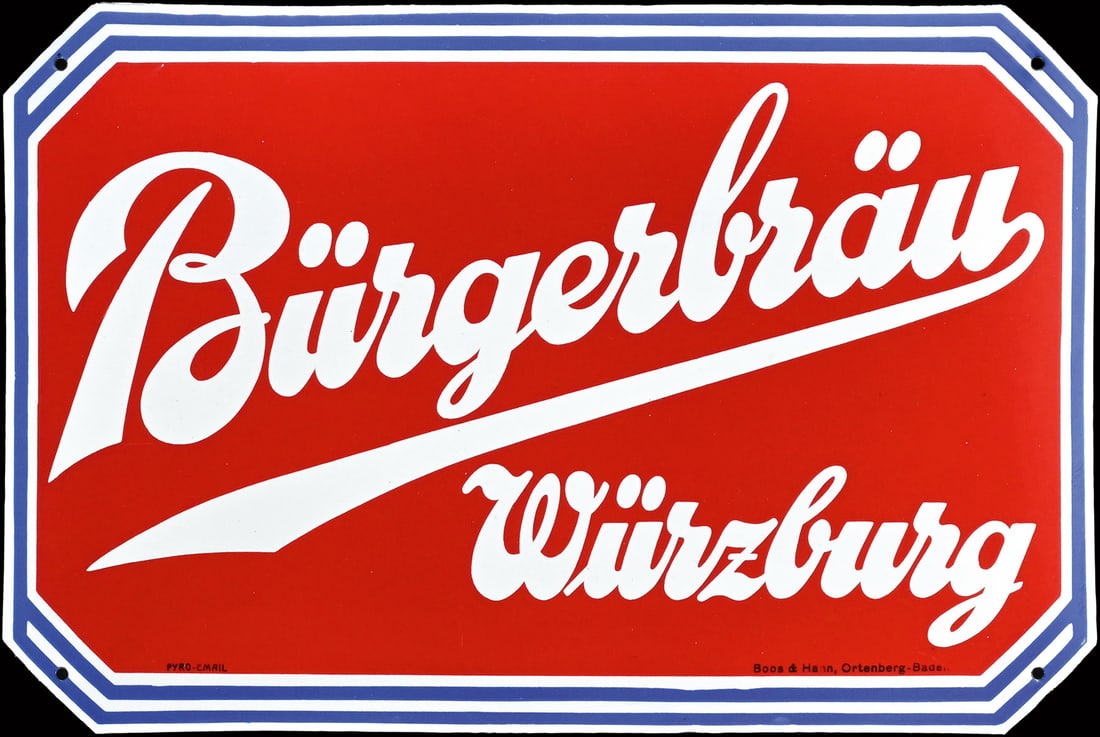 BUERGERBRAEU WUERZBURG | PORCELAIN SIGN | (0-1): Porcelain sign ( Enamel sign ), convex, stenciled, GER around 1930, 50 x 33 cm, Pyro-Email, Boos & Hahn, Ortenberg-Baden | We do only sell old original pieces - no reproductions or fakes. We pack in h