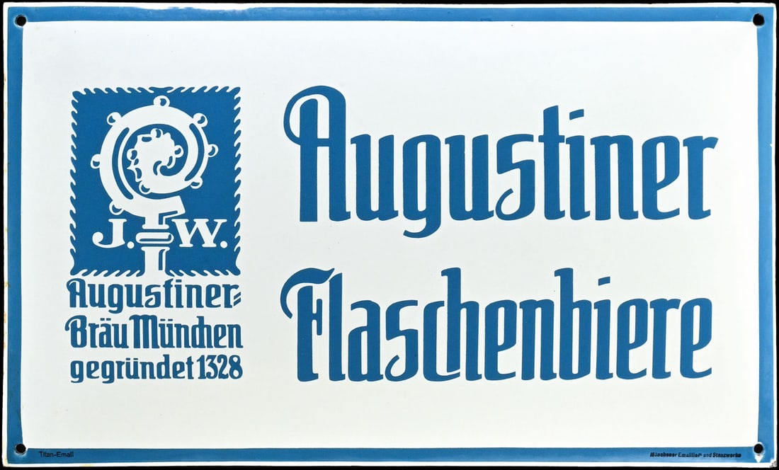 AUGUSTINER BRAEU | PORCELAIN SIGN | (1+): Porcelain sign ( Enamel sign ), convex, stenciled, GER 1930s, 49 x 30 cm, Titan-Email, Muenchener Emaillier- und Stanzwerke | We do only sell old original pieces - no reproductions or fakes. We pack i