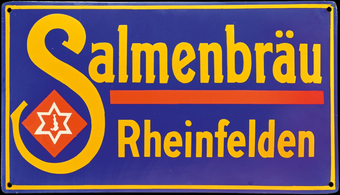 SALMENBRAEU RHEINFELDEN | PORCELAIN SIGN | (1+): Porcelain sign ( Enamel sign ), convex, stenciled, GER around 1930, 49 x 28 cm | We do only sell old original pieces - no reproductions or fakes. We pack in house, most items can be shipped overseas. 