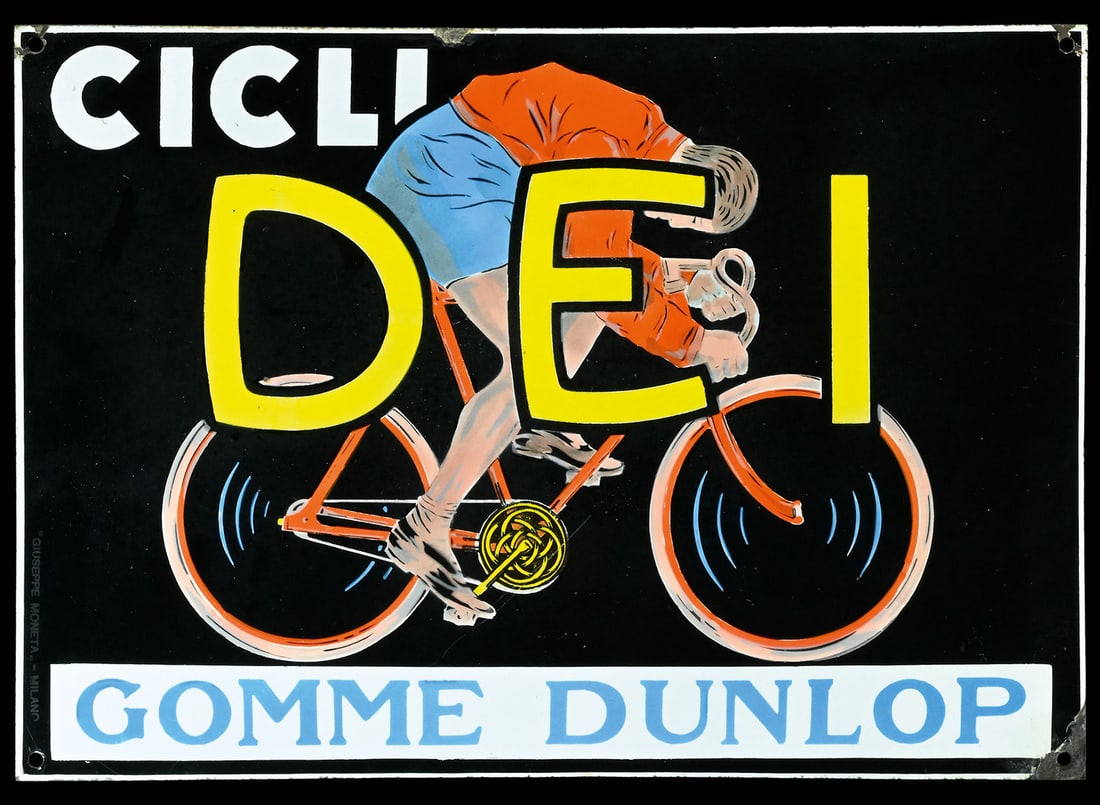 CICLI DEI - GOMME DUNLOP | MAGNIFICIENT PORCELAIN SIGN | (1): Porcelain sign ( Enamel sign ), convex, stenciled and lithographed, IT 1920s, 50 x 35 cm, the viewer sees a cyclist racing through the brand logos in a perfectly aerodynamic pose - a sophisticated des