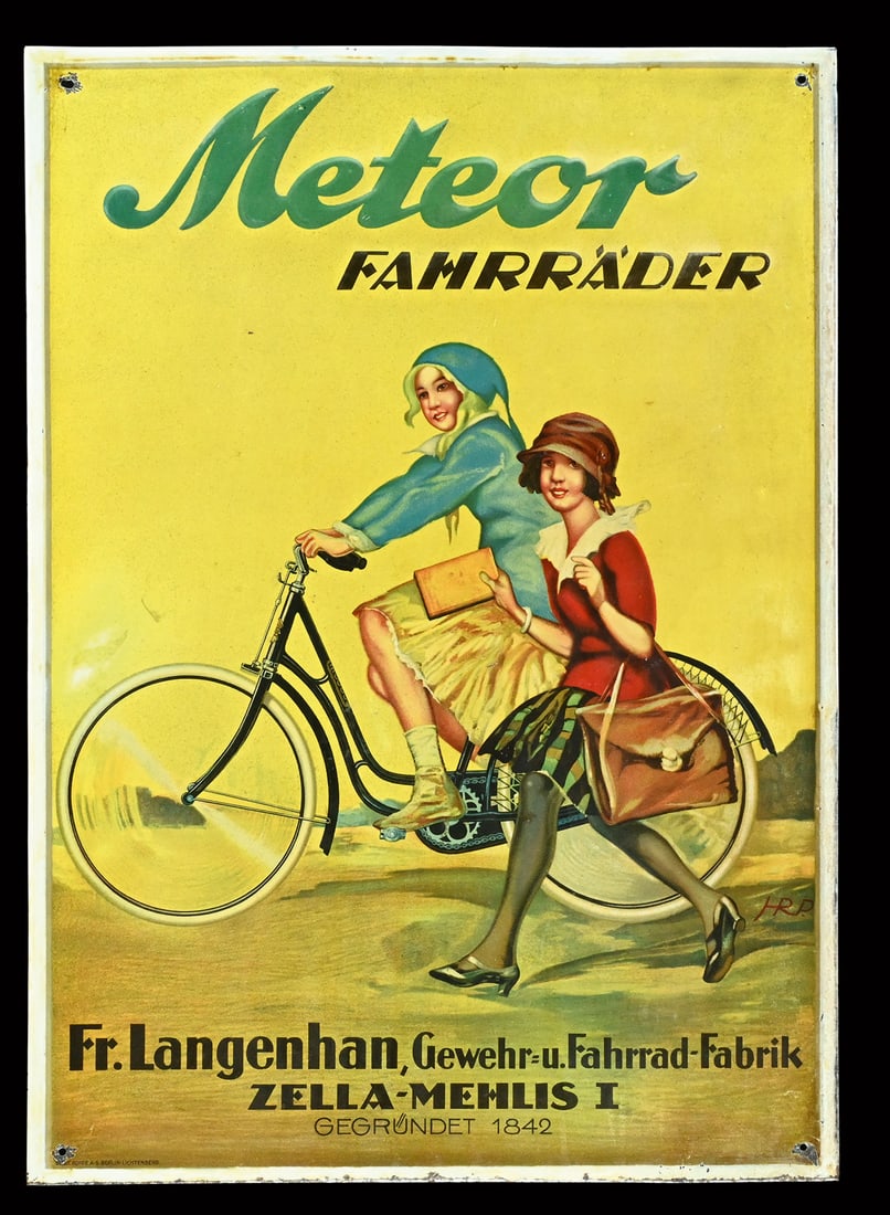 METEOR FAHRRAEDER | EARLY TIN SIGN | (1): Tin sign, embossed, finely lithographed, GER around 1920, 37 x 52 cm, Gebr. Koppe A.-G. Berlin-Lichtenberg, monogrammed: HRP, early depiction with a charming image, rare | We do only sell old original
