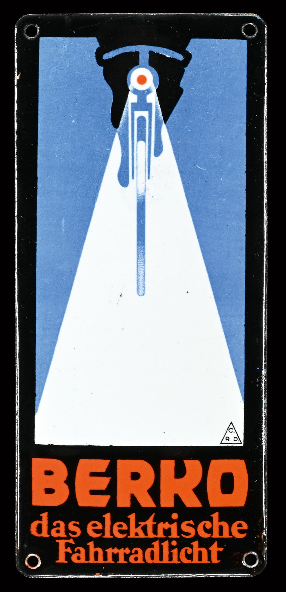 BERKO - DAS ELEKTRISCHE FAHRRADLICHT | PORCELAIN SIGN | (1+): Doorsign, enamel, convex, stenciled and lithographed, GER 1930s, 8 x 18 cm, monogrammed: C. R. C. (C. Robert Dold, Offenburg), in this preservation it's a small gem, the Berko lettering below the beam