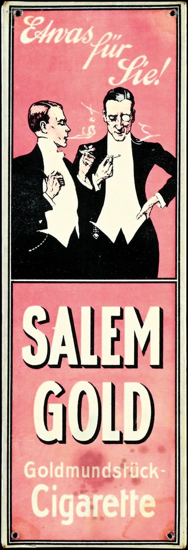 SALEM GOLD CIGARETTE | SUPER RARE TIN SIGN | (2): Doorsign, tin with celluloid coating, GER around 1910, 9 x 25 cm, already hard to come by in the large-format, but as a doorsign it is virtually unique and therefore it's the first time we're able to 