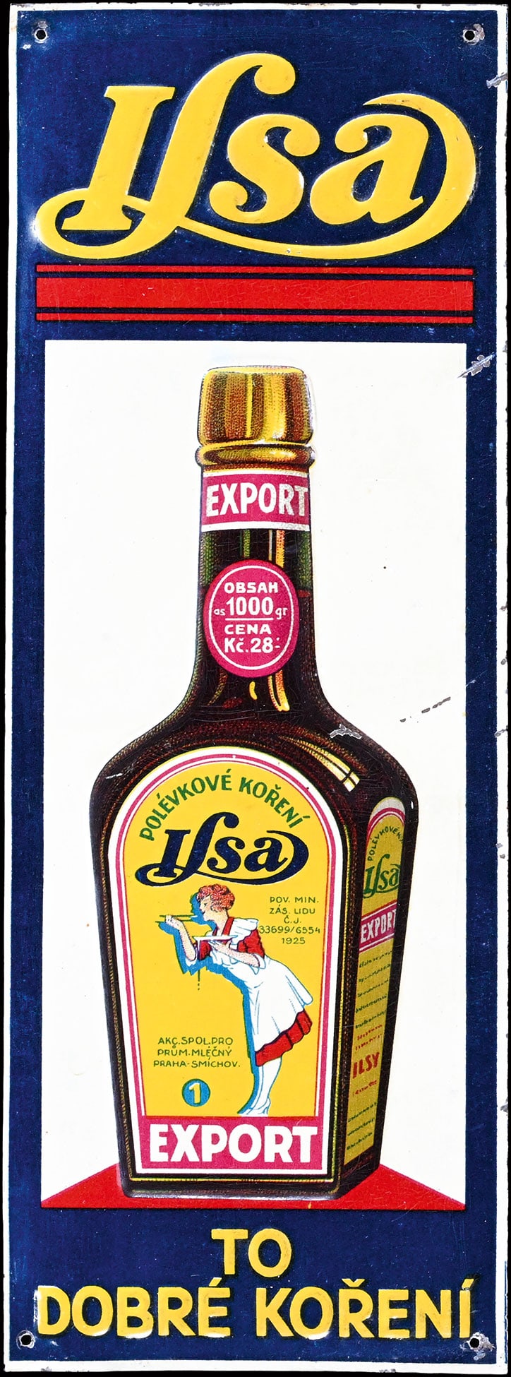 ILSA EXPORT | TIN SIGN | (1): Doorsign, tin, embossed and lithographed, late 1920s,8,5 x 23 cm, big version with "Export" bottle, rare | We do only sell old original pieces - no reproductions or fakes. We pack in house, most items