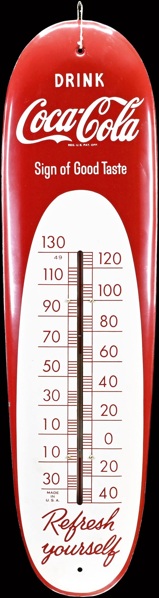 DRINK COCA-COLA | TIN SIGN | (1+): Tin sign, convex, integrated thermometer (original and working), USA 1960s, 20 x 76 cm | We do only sell old original pieces - no reproductions or fakes. We pack in house, most items can be shipped ov