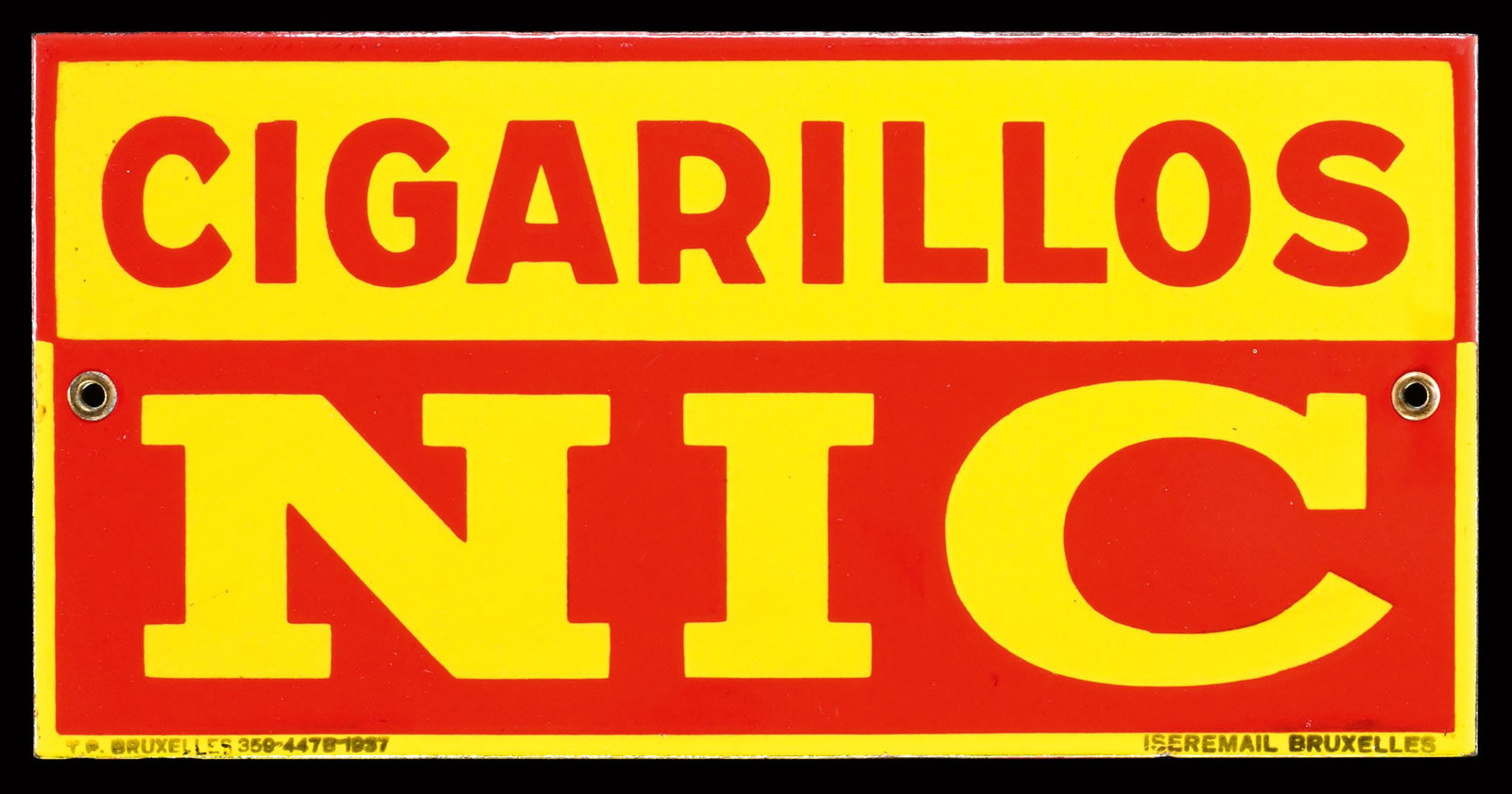CIGARILLOS NIC | PORCELAIN SIGN | (1+): Porcelain sign ( Enamel sign ), stenciled, BE 1937, 30 x 15 cm, Iseremail Bruxelles | We do only sell old original pieces - no reproductions or fakes. We pack in house, most items can be shipped overs