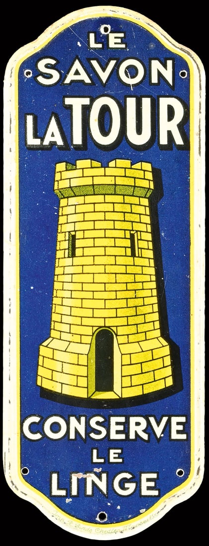 LE SAVON LA TOUR | TIN SIGN | (1): Doorsign, tin, lithographed, F around 1930, 6 x 17 cm, Imp. R. Binds Chedler, Marseille | We do only sell old original pieces - no reproductions or fakes. We pack in house, most items can be shipped o