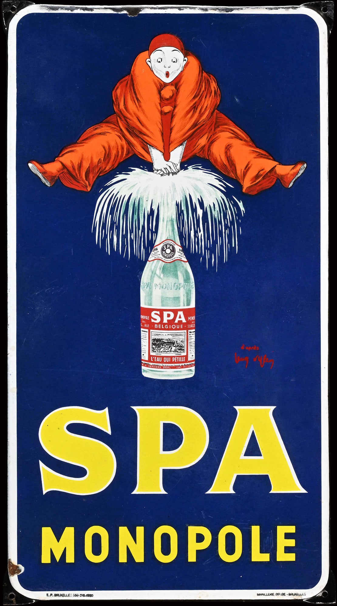 SPA MONOPOLE | PORCELAIN SIGN BY JEAN d'YLEN | (2-): Porcelain sign ( Enamel sign ), stenciled and lithographed, BE 1950, 40 x 74 cm, Emaillerie Belge -Bruxelles, signed: Jean d'Ylen, some light traces of aging, on the bent upper border with bigger enam