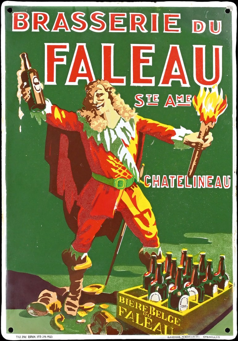 BRASSERIE DU FALEAU | PORCELAIN SIGN | (R/2-3): Porcelain sign ( Enamel sign ), stenciled and lithographed, BE 1933, 35 x 50 cm, S.A. Email Koekelberg, a rarity of Belgian brewery advertising, the four corners professionally restored, also a small 