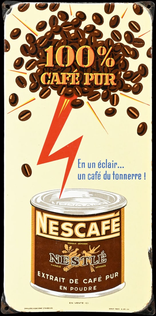 NESCAFE | PORCELAIN SIGN | (2): Porcelain sign ( Enamel sign ), stenciled and lithographed, F around 1950, 23 x 48 cm, Emaillerie Alsacienne Strasbourg, scratches need to be mentioned | We do only sell old original pieces - no repro