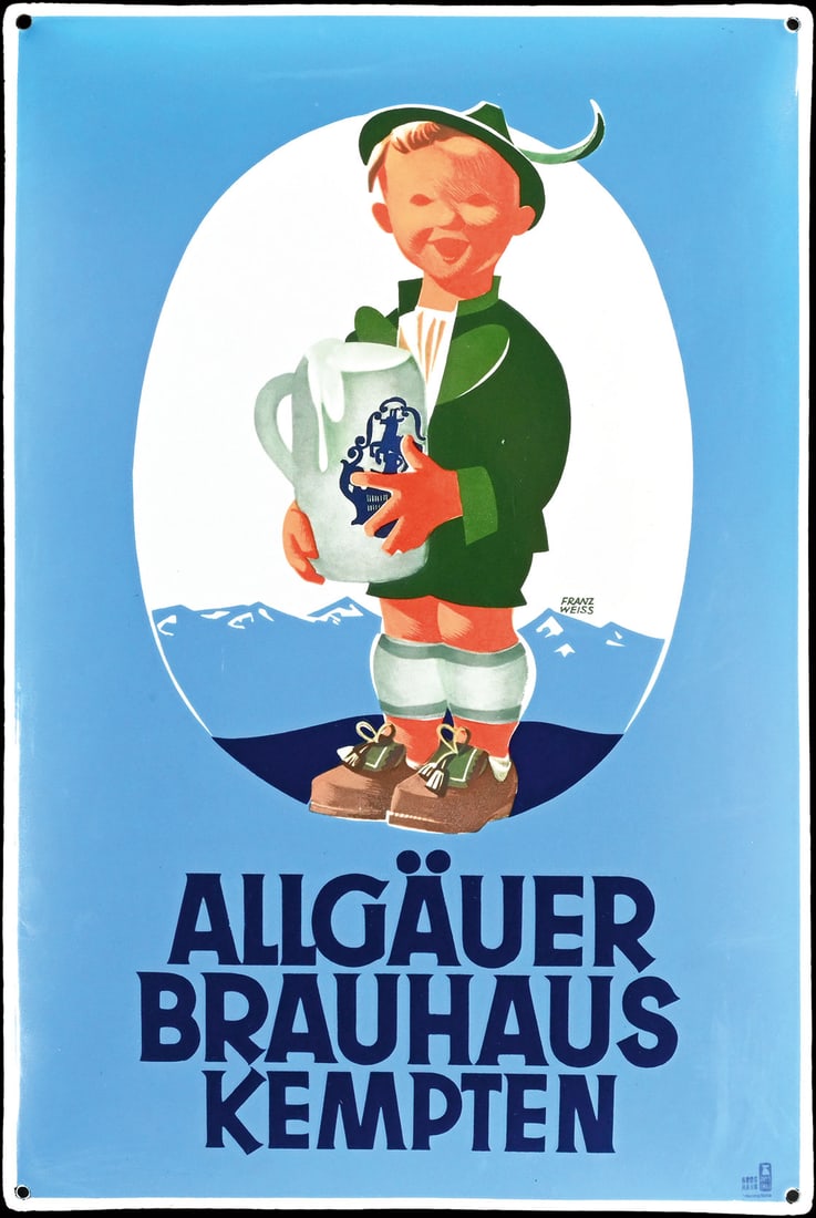 ALLGAEUER BRAUHAUS KEMPTEN | PORCELAIN SIGN BY FRANZ WEISS | (0-1): Porcelain sign ( Enamel sign ), stenciled and lithographed, GER around 1950, 40 x 60 cm, Pyro-Email - Boos & Hahn, Ortenberg/Baden, wonderfully preserved fresh find, light enameling errors, rarely so 