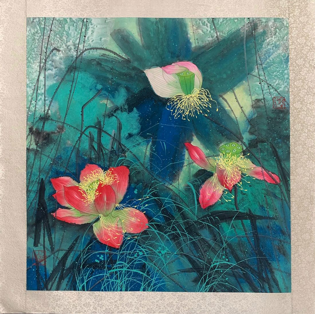 Bao Ling Inscription, "Lotus" Paper Painting: Bao Ling Inscription, "Lotus" Paper Painting