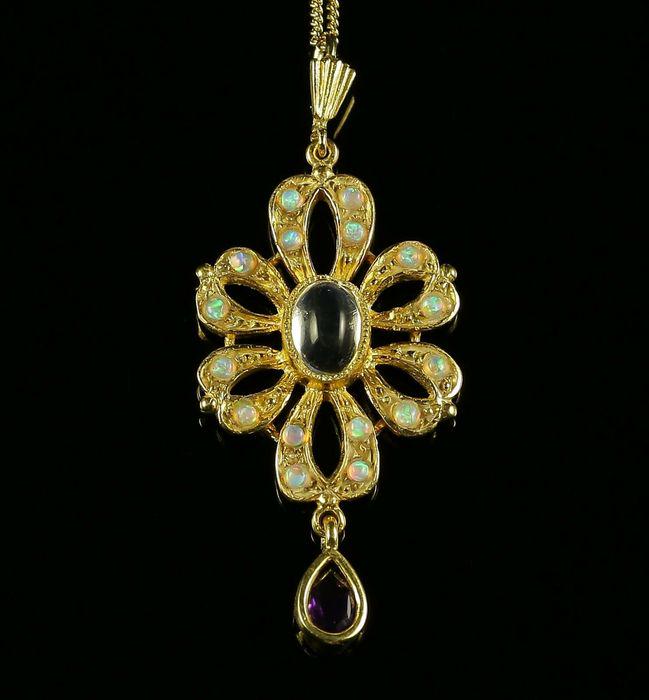 NO RESERVE PRICE Moonstone, Amethyst & Opal Gilt: 45cm, pendant measuring approx 3.8 x 1.9cm.