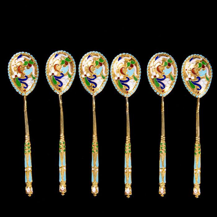 Imperial Russian Cloisonne Enamel Spoons Set (6) - (1 of 6)