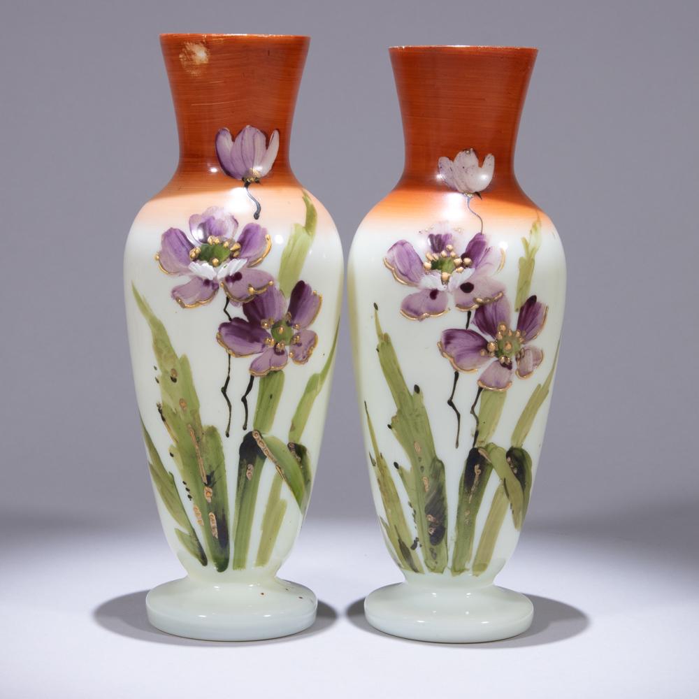 Pair of Art Nouveau Opaline Glass Vases: 80 x 80 x 220mm. Please study all photographs carefully to get an accurate representation of the item. We offer in-house shipping internationally (US and rest of the world. Dispatched from the UK). We