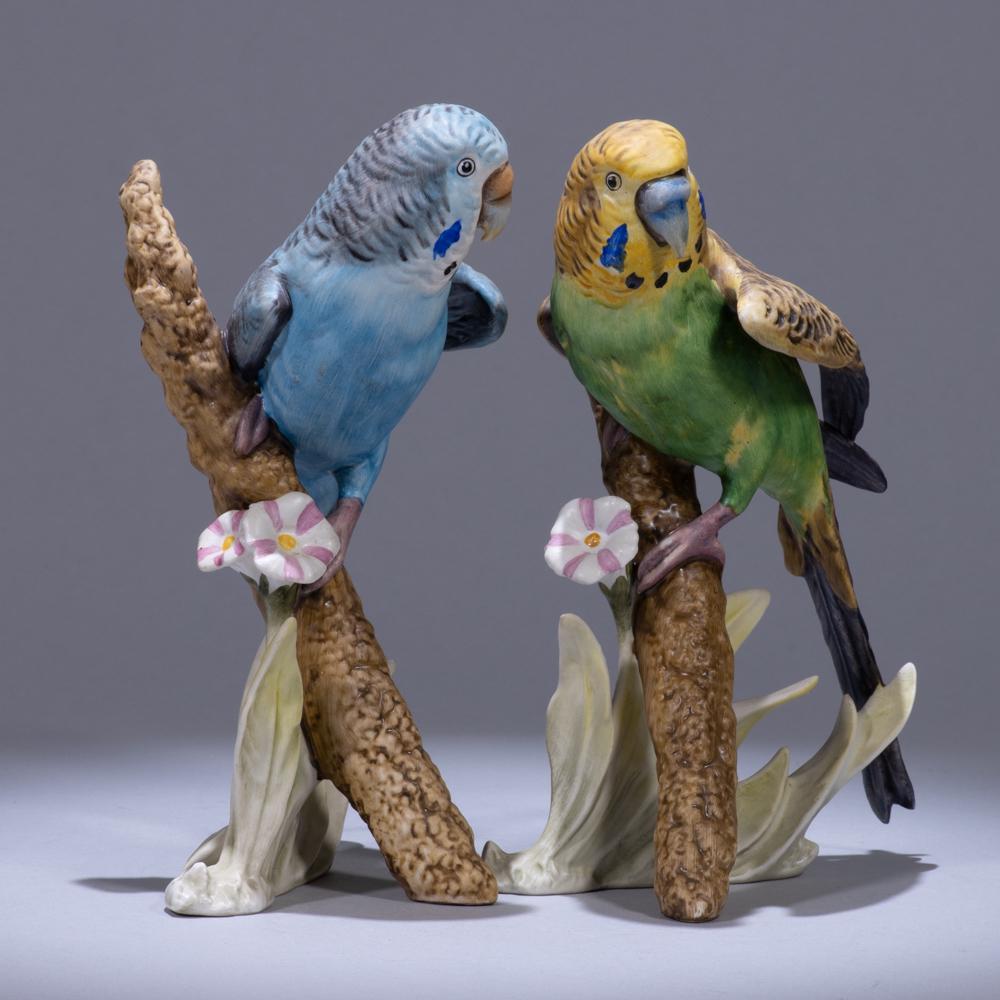 Pair of Goebel Porcelain Budgie Sculptures: 120 x 800 x 170 mm. Please study all photographs carefully to get an accurate representation of the item. We offer in-house shipping internationally (US and rest of the world. Dispatched from the UK).