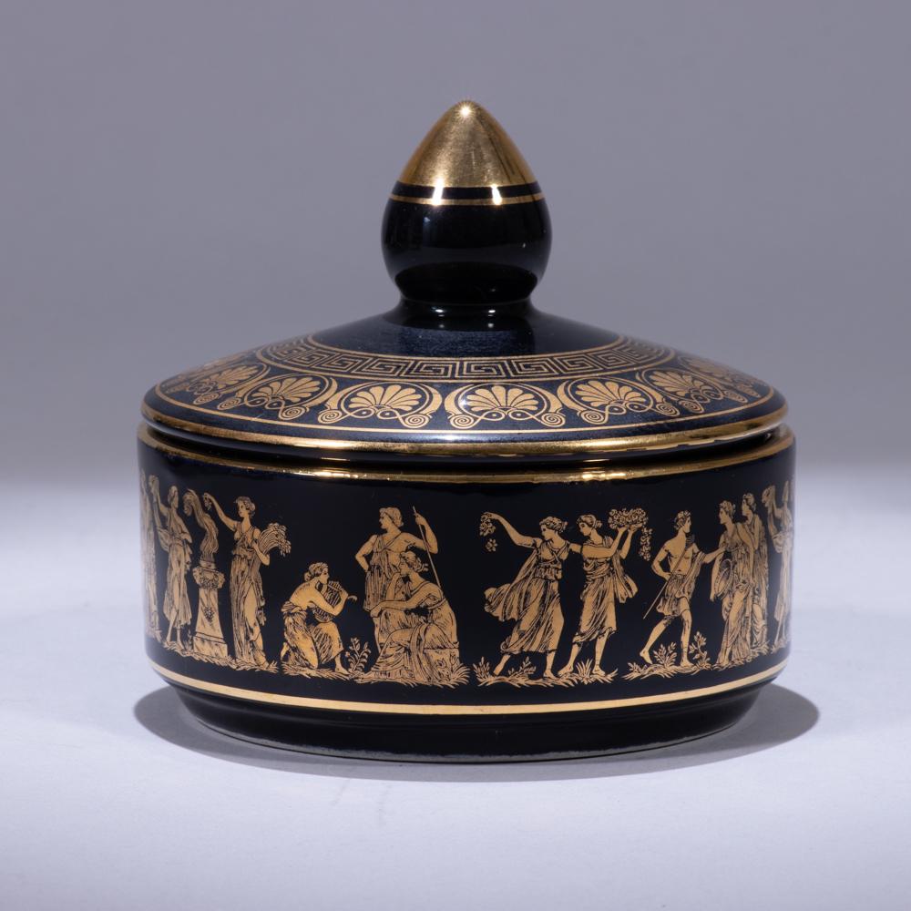 Ancient Greek Style Porcelain 24K Gold Circular Box: 120 x 120 x 110mm. Please study all photographs carefully to get an accurate representation of the item. We offer in-house shipping internationally (US and rest of the world. Dispatched from the UK). 