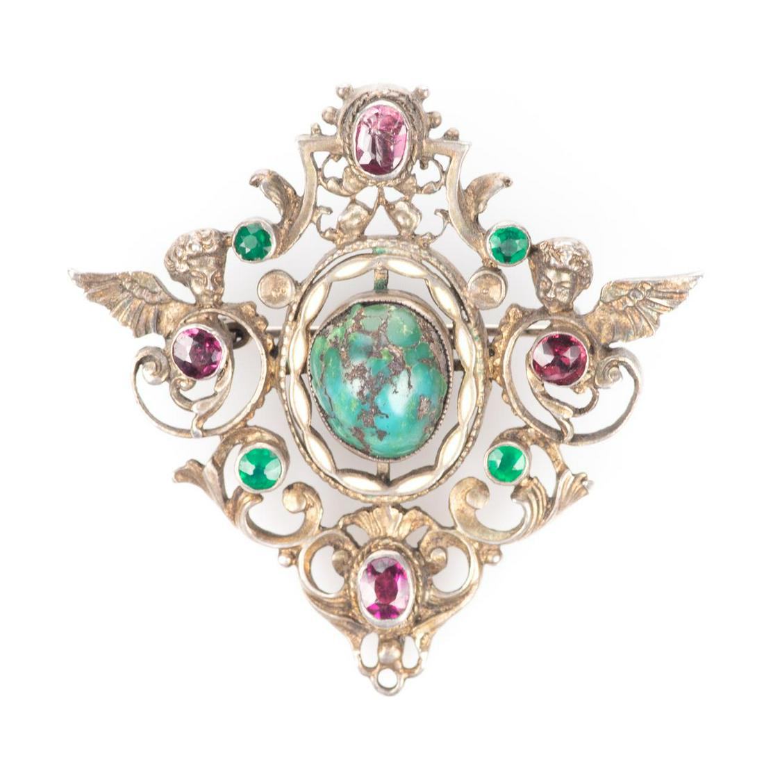 Austro-Hungarian Silver Turquoise, Emerald Brooch: Please study all photographs carefully to get an accurate representation of the item. We offer in-house shipping internationally (US and rest of the world. Dispatched from the UK). We aim to ship all 