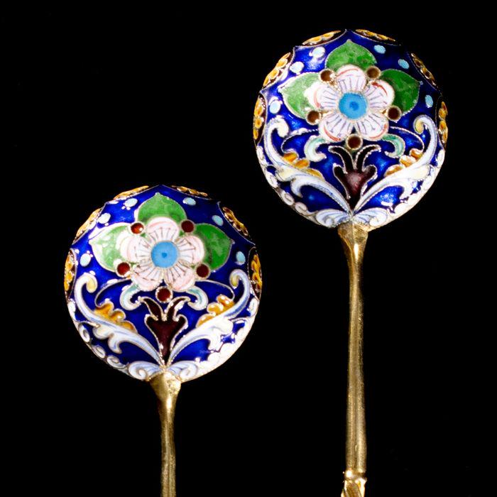Russian Imperial Silver Enamel Cloisonne Spoons (1 of 6)