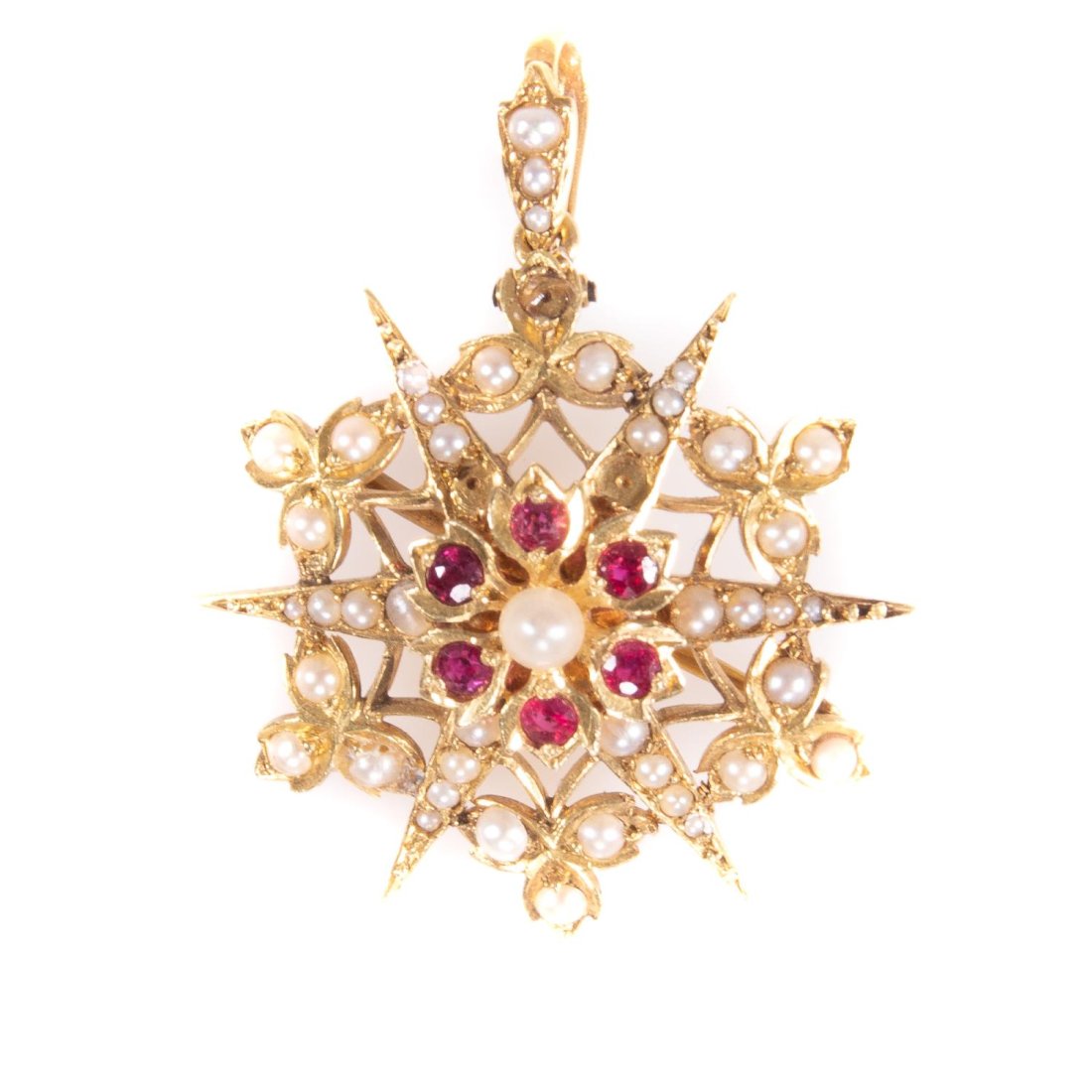 Victorian 15 kt. Gold Pearl & Ruby Brooch Pendant (1 of 5)