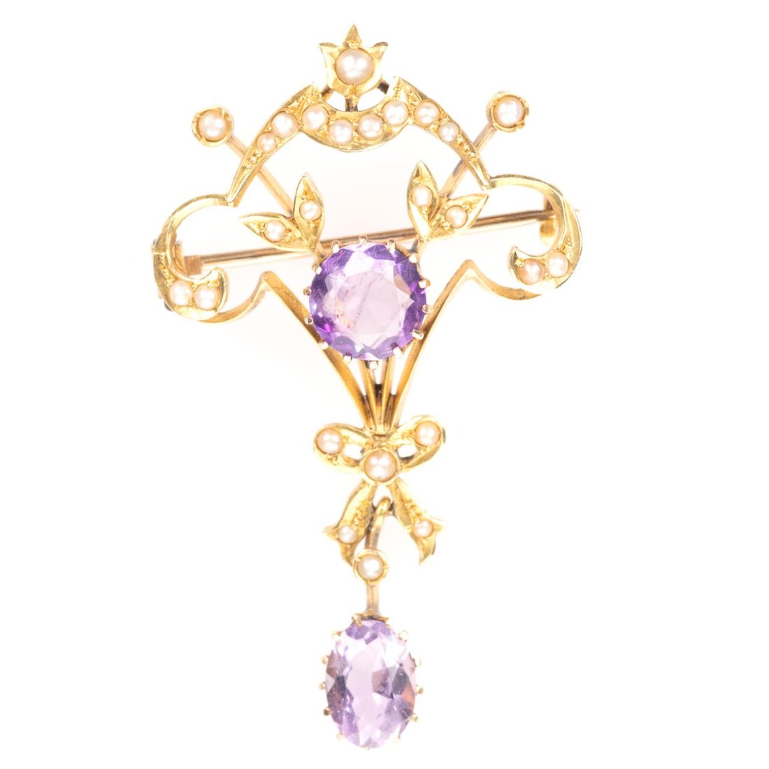 15 kt. Gold Amethyst & Pearl Art Nouveau Brooch (1 of 5)