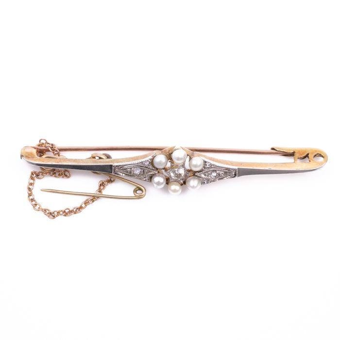 18 kt. Platinum & Gold Victorian Brooch Pearl Diamond (1 of 5)
