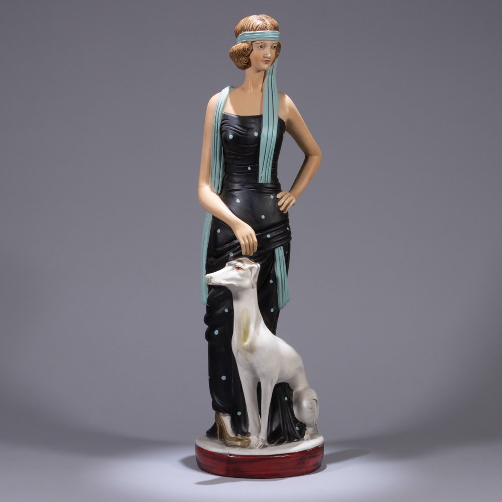 Large Art Deco Ceramic Lady with Hound Sculpture (1 of 3)