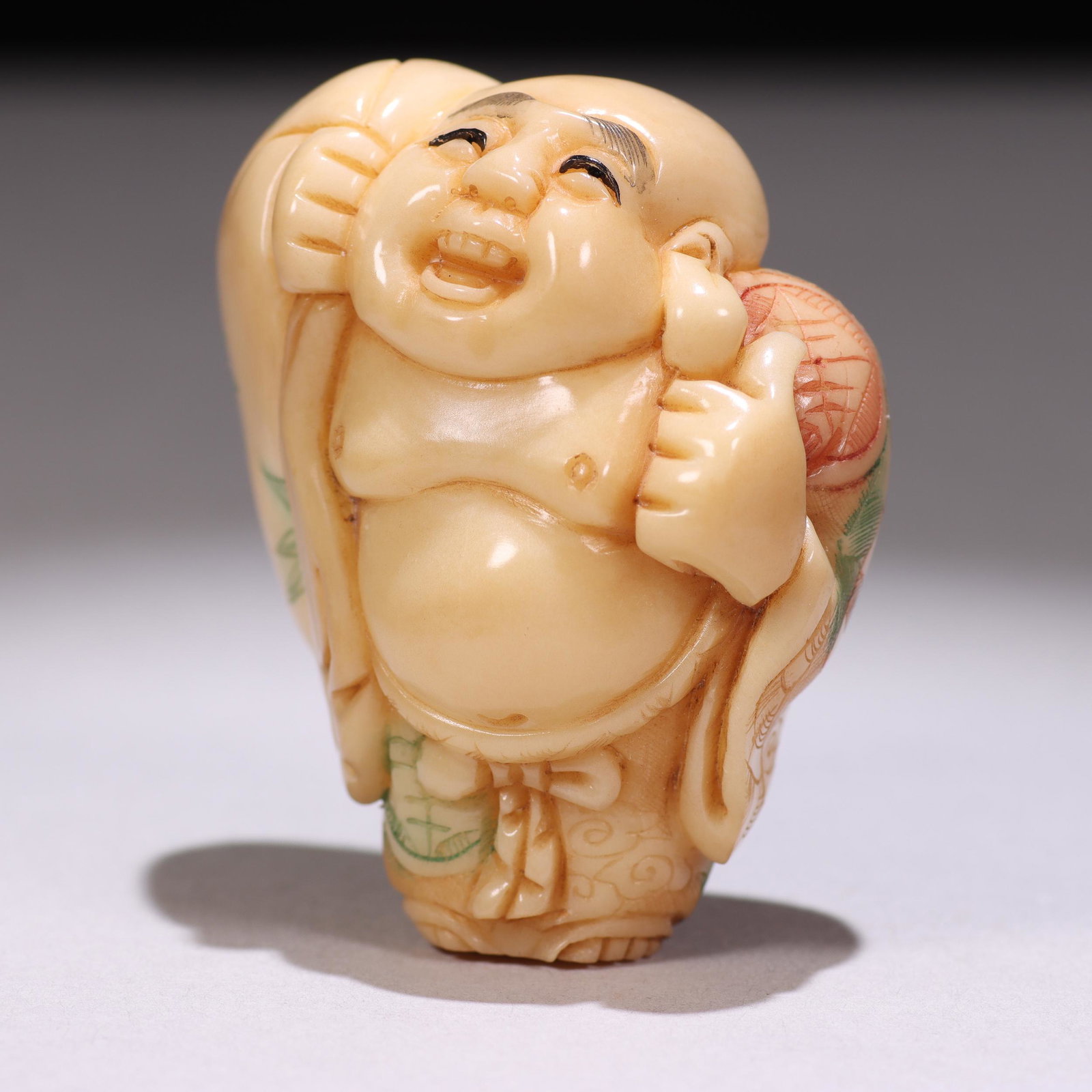 Japanese Signed Meiji Netsuke Buddha Figure: Please study all photographs carefully to get an accurate representation of the item. Please message us for information on dimensions/condition report. We offer in-house shipping internationally (US a