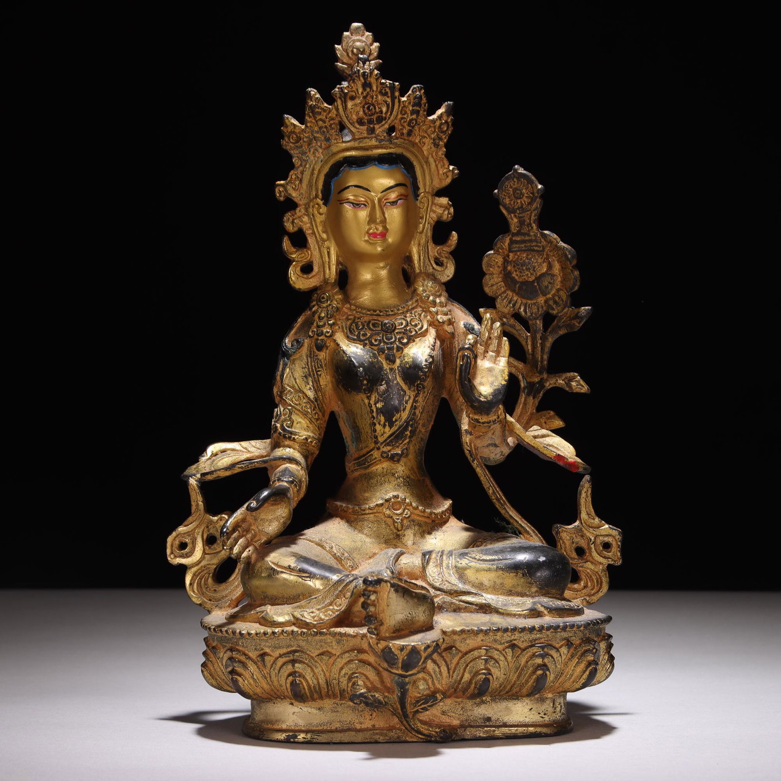 Sino Tibetan Gilt Bronze Sculpture of Bodhisattva: Please study all photographs carefully to get an accurate representation of the item. Please message us for information on dimensions/condition report. We offer in-house shipping internationally (US a