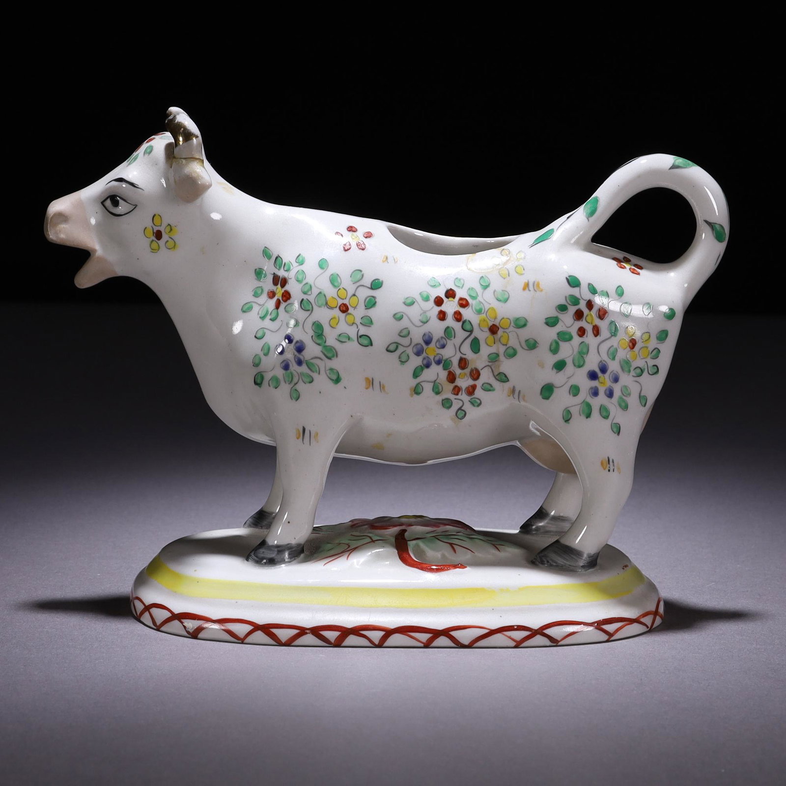 18th Century Staffordshire Pearlware Cow Creamer: THIS COW INCLUDES THE LID, NOT PHOTOGRAPHED. MEASURING APPROX 16.5 X 7.6 X 12CM. Please carefully study all photographs to get an accurate idea of the object. In good condition, as seen. Shipping is i
