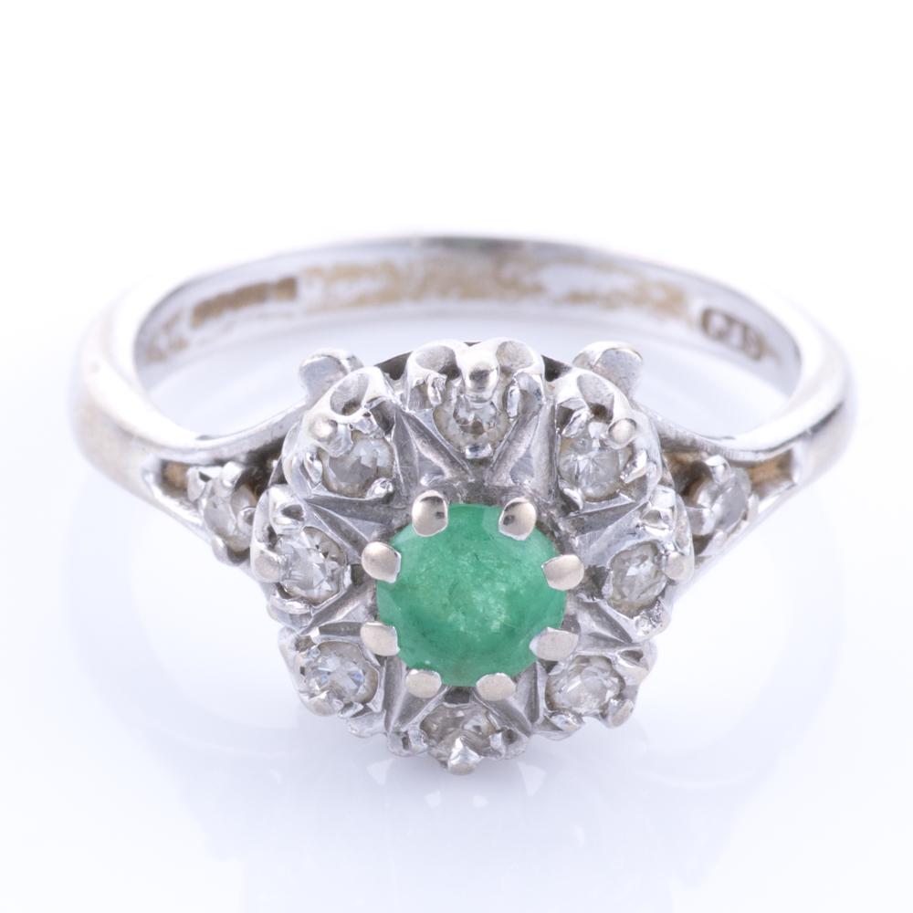 18 Kt. White Gold Diamond & Emerald Cluster Ring: Please study all photographs carefully to get an accurate representation of the item. Please message us for information on dimensions/condition report. We offer in-house shipping internationally (US a
