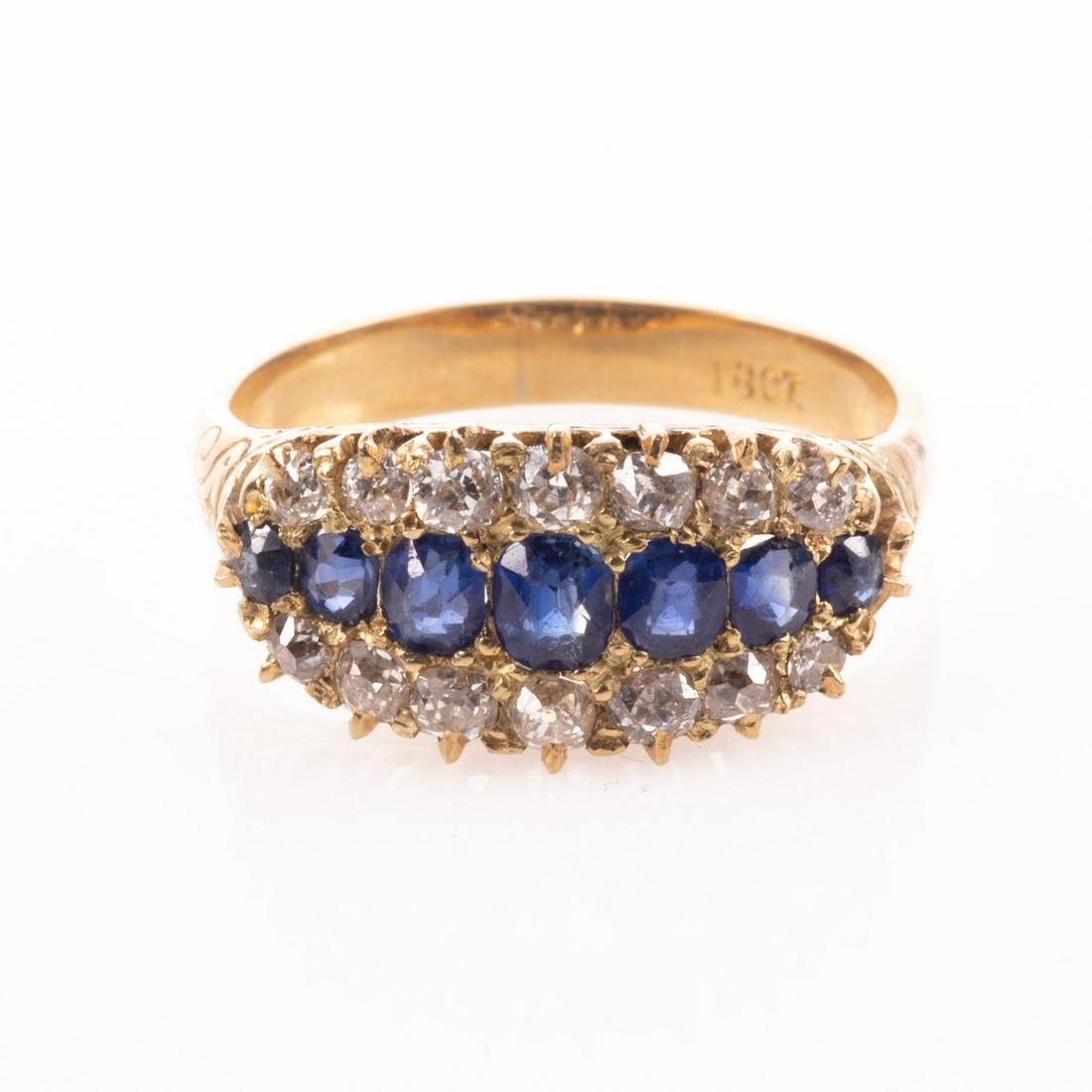 18 kt. Gold Victorian Ring Ceylon Sapphires & 0.50 ct Diamond: Please study all photographs carefully to get an accurate representation of the item. Please message us for information on dimensions/condition report. We offer in-house shipping internationally (US a