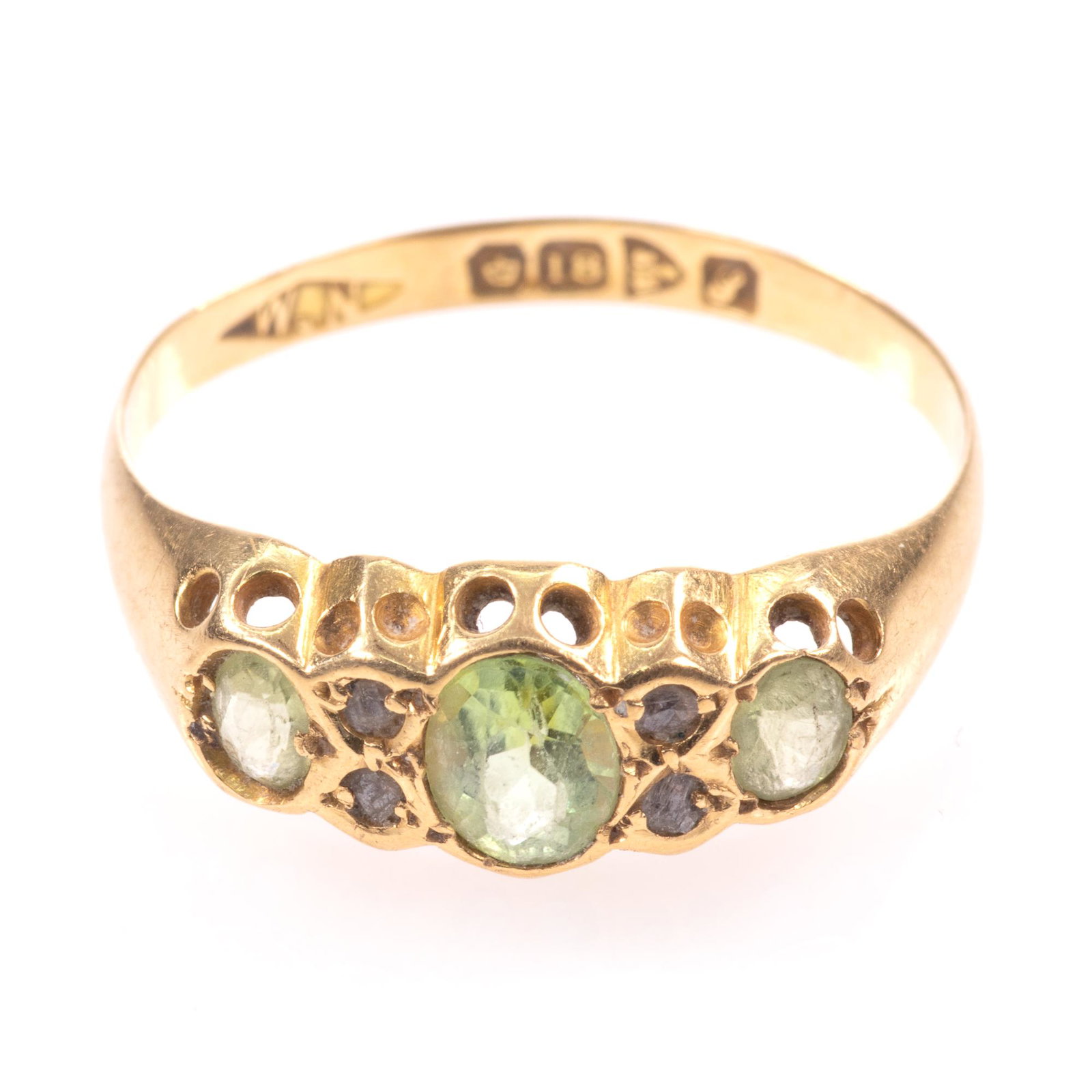 18 Kt Gold Chester Peridot & Diamond Ring: Please study all photographs carefully to get an accurate representation of the item. Please message us for information on dimensions/condition report. We offer in-house shipping internationally (US a