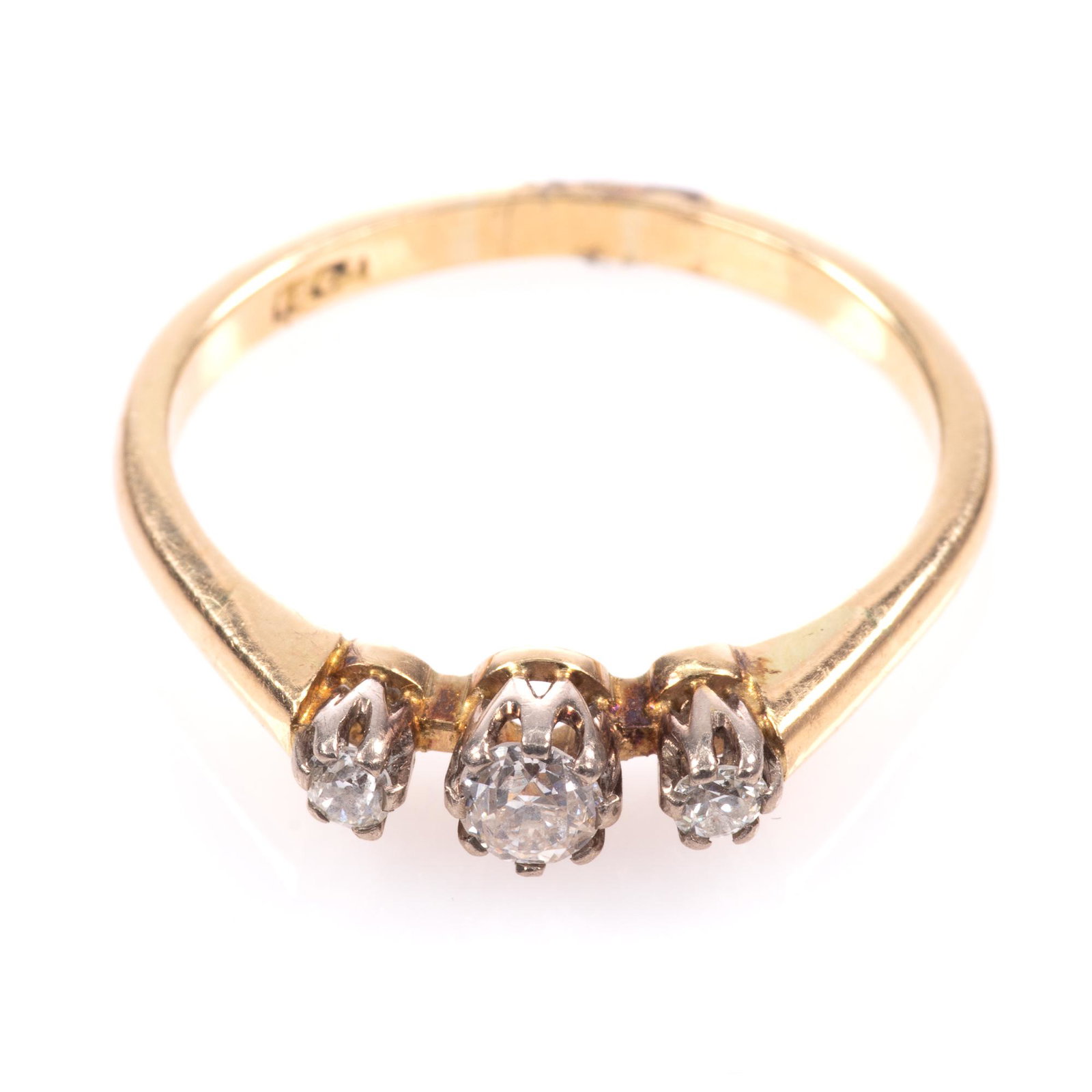 18 Kt Gold Diamond Trilogy Ring: Please study all photographs carefully to get an accurate representation of the item. Please message us for information on dimensions/condition report. We offer in-house shipping internationally (US a