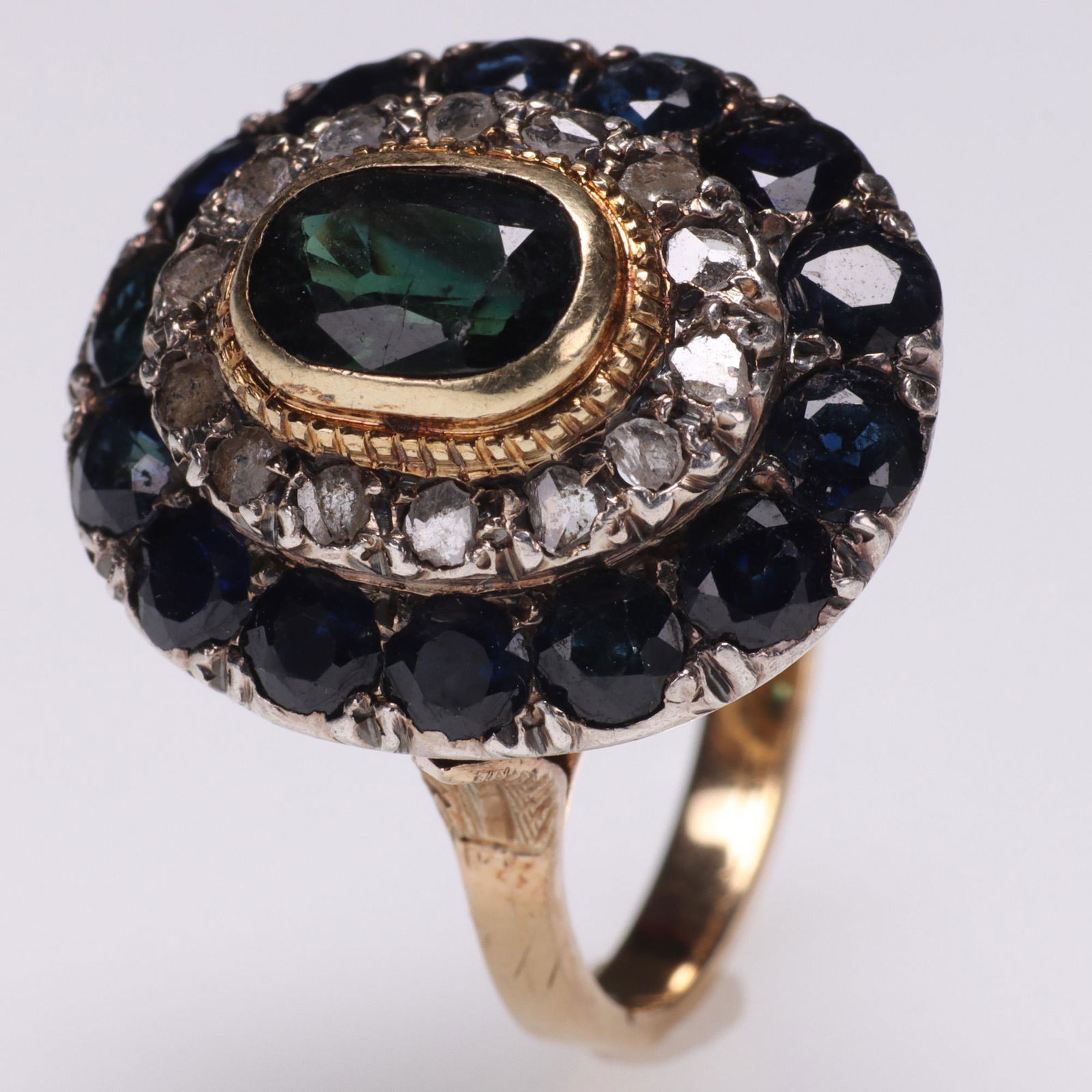 Sapphire & Old Cut Diamond Gold Cluster Ring (1 of 6)