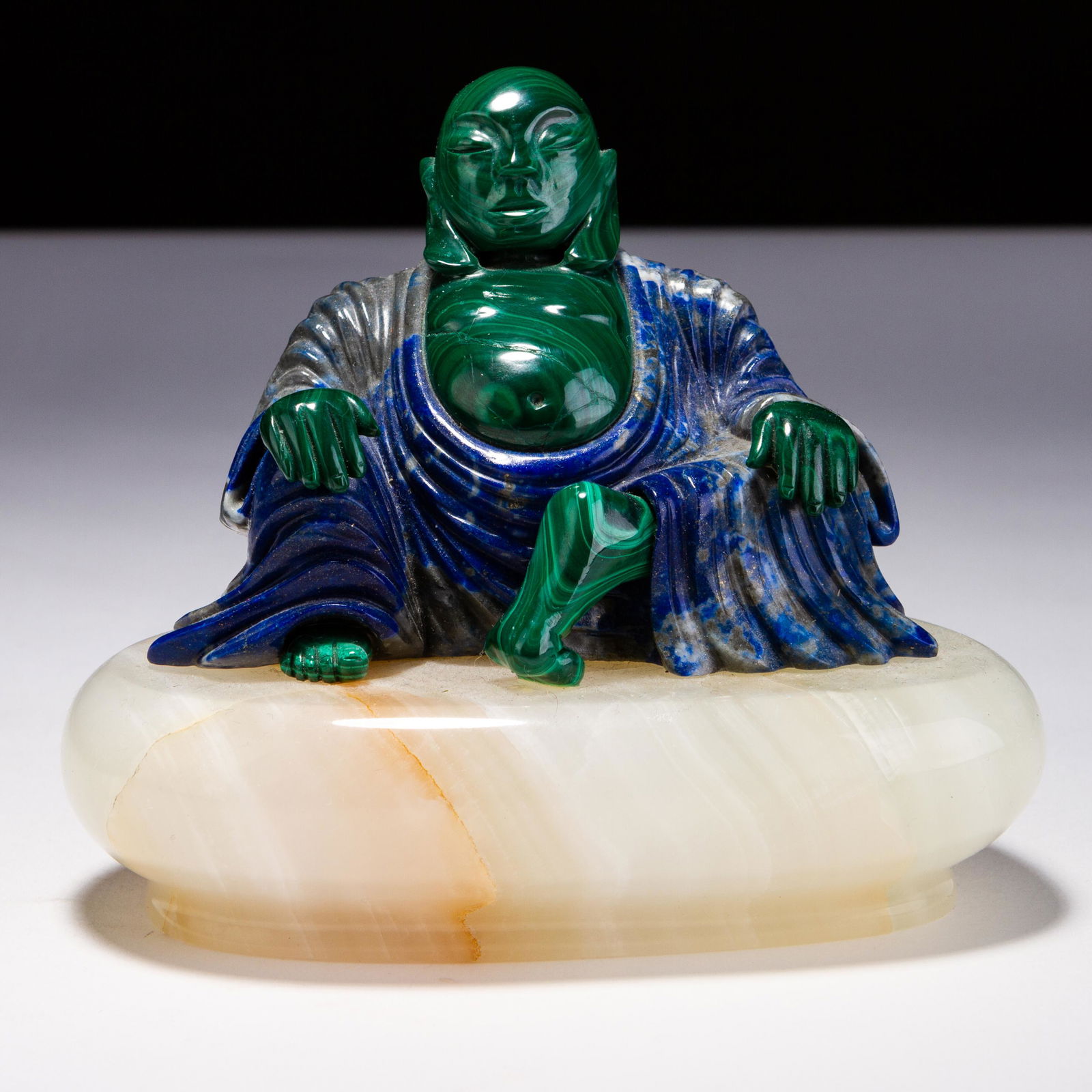 Lapiz Lazuli & Malachite Budda Sculpture on Quartz Base: MEASURING APPROX 12 X 8.5 X 10.5CM HIGH. Please follow us on Instagram to stay updated with our current and future auctions: @albinus_auctions. Study all photographs carefully to get an accurate repre