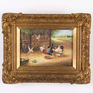 Manner of Edgar Hunt (1876-1953) Farmyard Painting: MEASURING APPROX 32 X 25.5CM FRAMED; PAINTED ON WOOD PANEL MEASURING 20.5 X 14CM, SIGNED D. F. Please follow us on Instagram to stay updated with our current and future auctions: @albinus_auctions. St