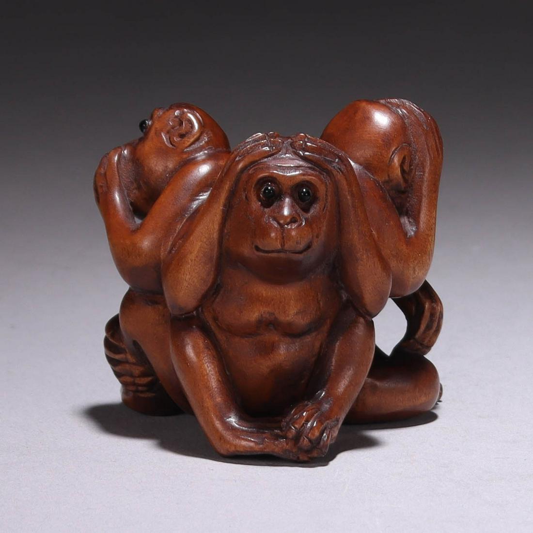 Japanese Signed Boxwood Netsuke of Three Monkeys (1 of 6)