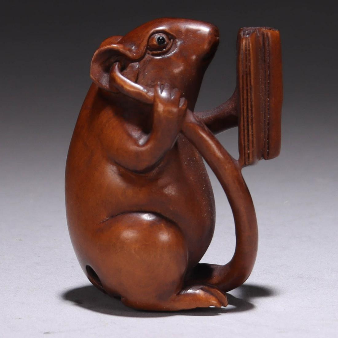 Japanese Signed Boxwood Netsuke of Reading Mouse (1 of 6)