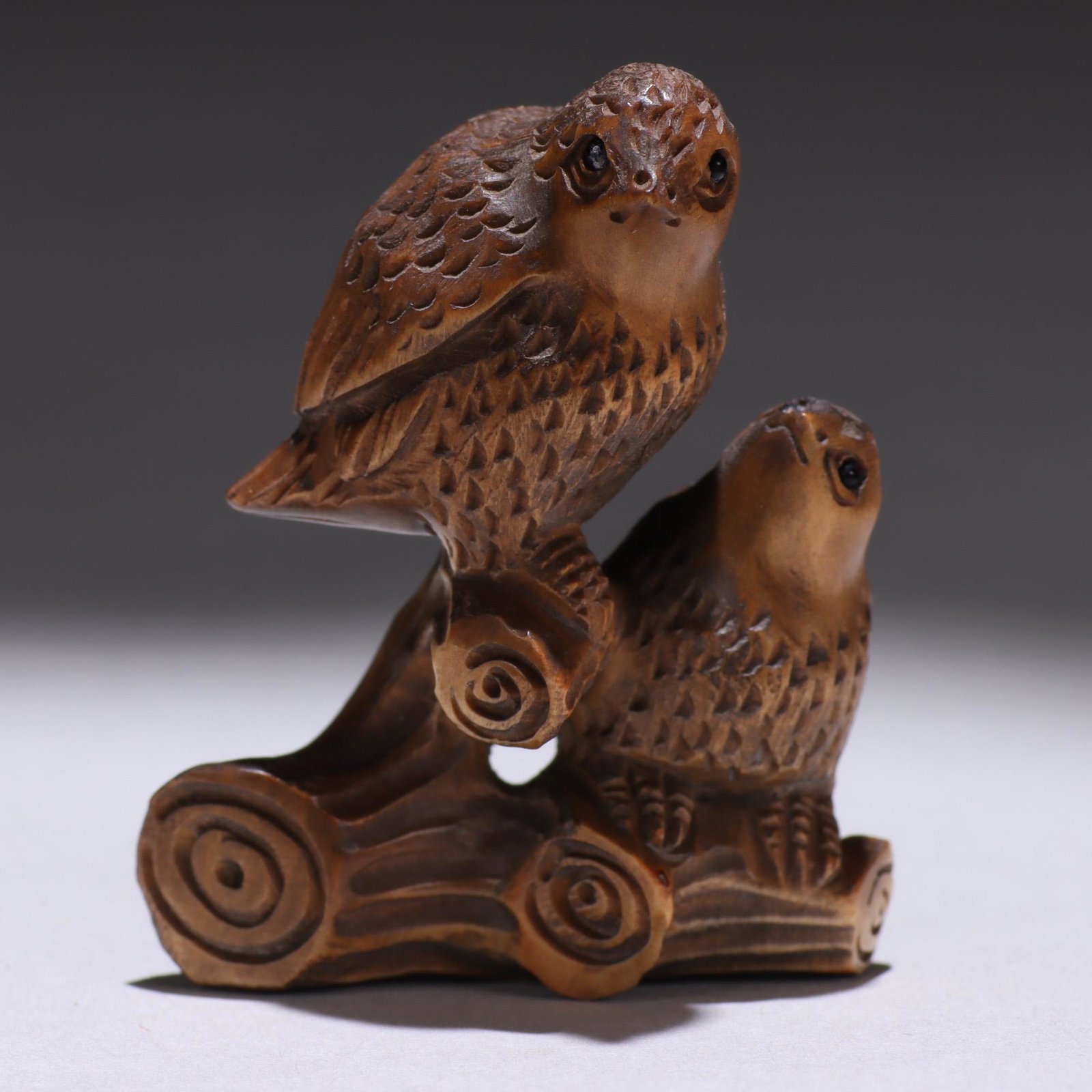 Japanese Signed Boxwood Netsuke of Perched Birds: MEASURING APPROX 5 x 4cm. Please study all photographs carefully to get an accurate representation of the item. Please message us for information on dimensions/condition report. We offer in-house ship
