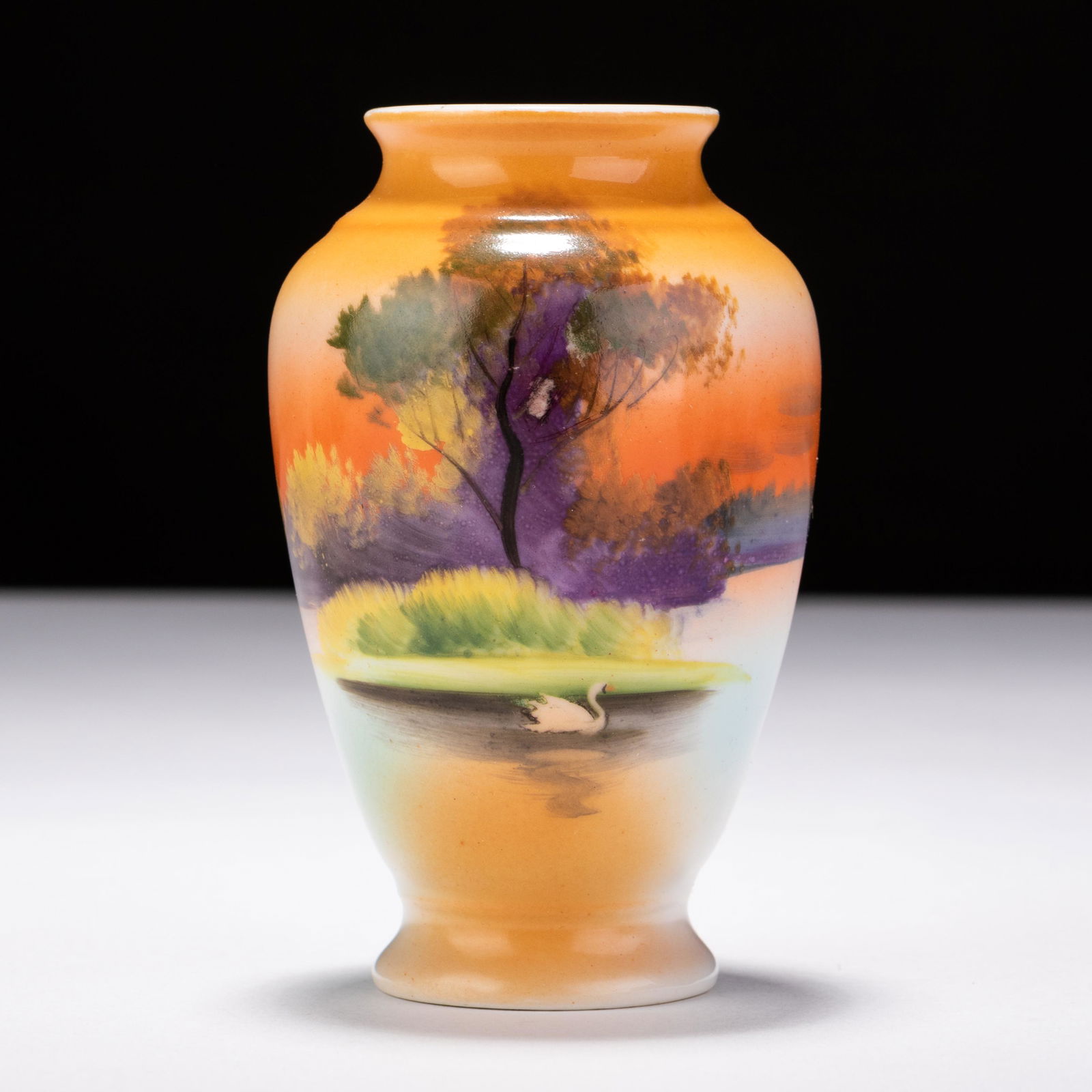 Art Deco Signed Noritake Japanese Porcelain Sunset Vase: MEASURES APPROX 6.5 X 11CM. Please follow us on Instagram to stay updated with our current and future auctions: @albinus_auctions. Study all photographs carefully to get an accurate representation of