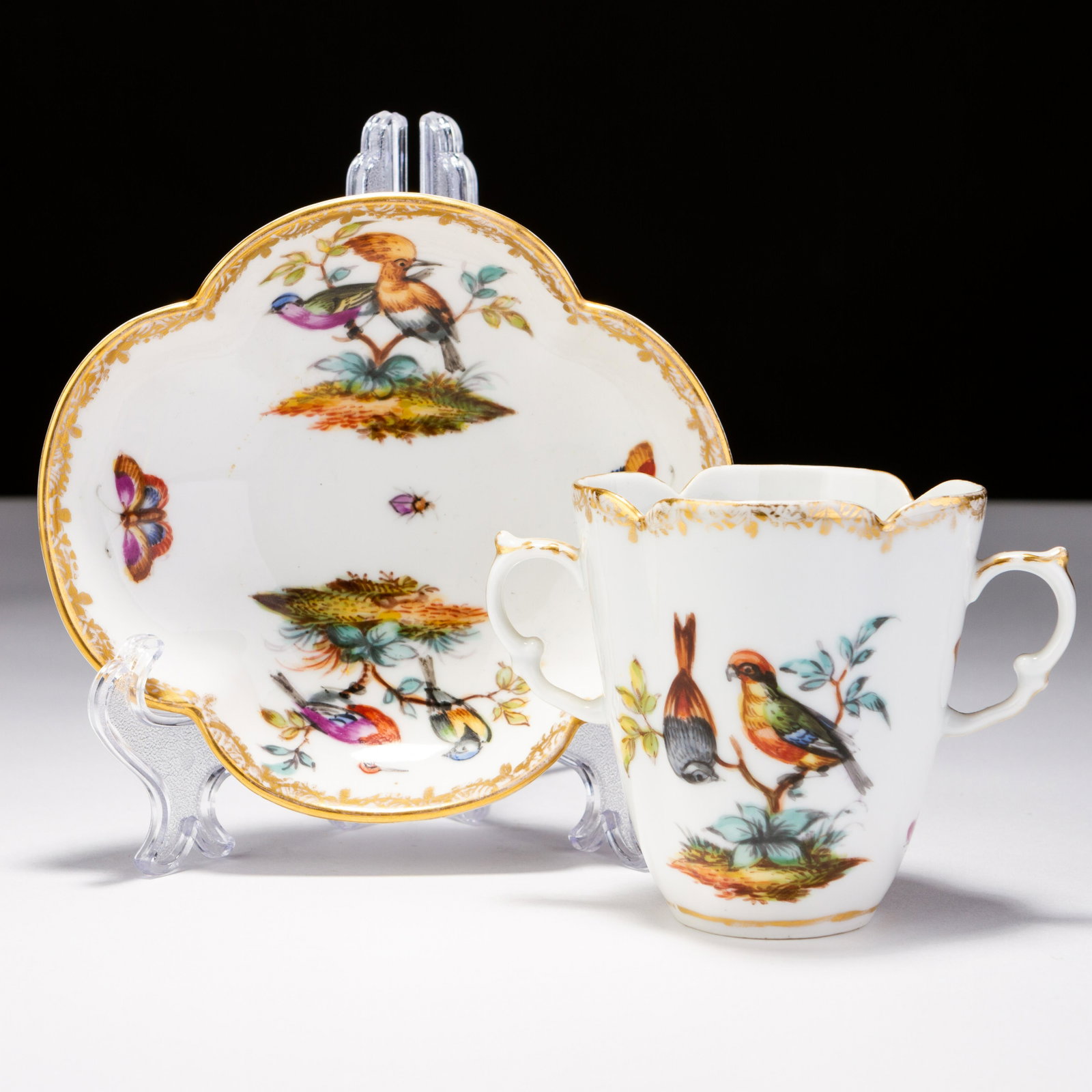 Meissen Porcelain Teacup & Saucer with Birds 19th Century: MEASURES APPROX SAUCER 14 X 12.5CM; CUP 11.5 X 8CM. Please follow us on Instagram to stay updated with our current and future auctions: @albinus_auctions. Study all photographs carefully to get an acc