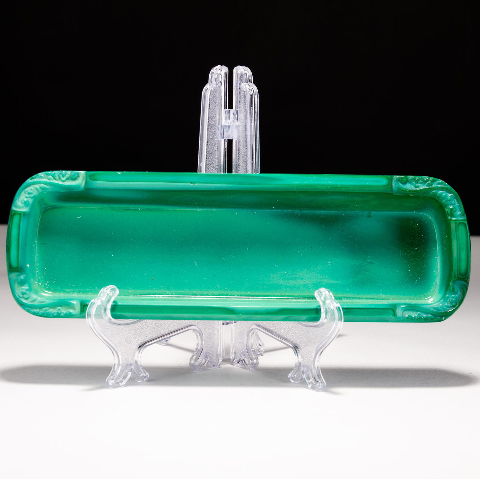 Art Nouveau Bohemian Malachite Glass Tray by Ingrid Schlevogt: MEASURES APPROX 22 X 7.5CM. Please follow us on Instagram to stay updated with our current and future auctions: @albinus_auctions. Study all photographs carefully to get an accurate representation of