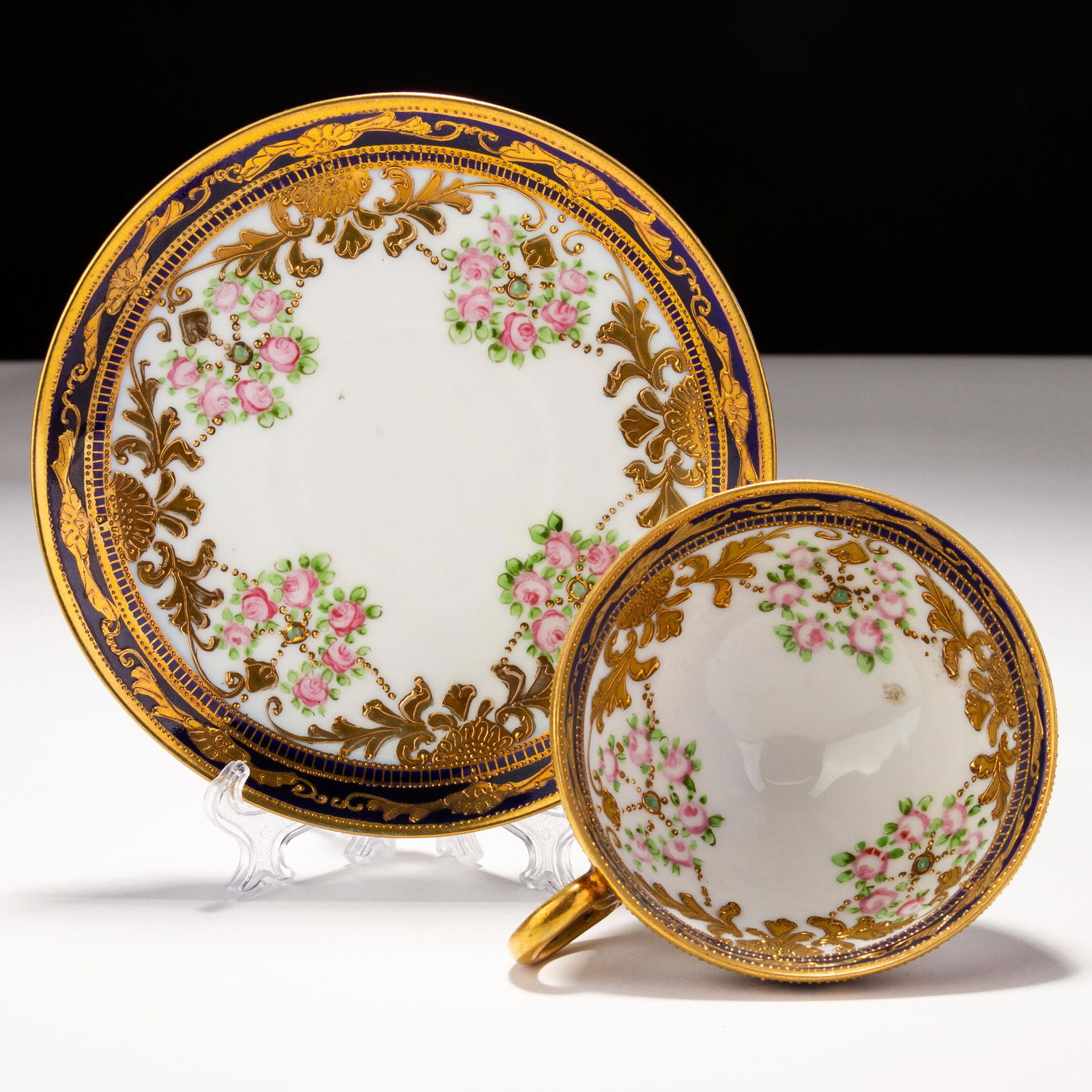 Noritake Japanese Art Nouveau Enamel Porcelain Cup & Saucer: MEASURES APPROX SAUCER 13CM; TEACUP 10.5 X 6CM. Please follow us on Instagram to stay updated with our current and future auctions: @albinus_auctions. Study all photographs carefully to get an accurat