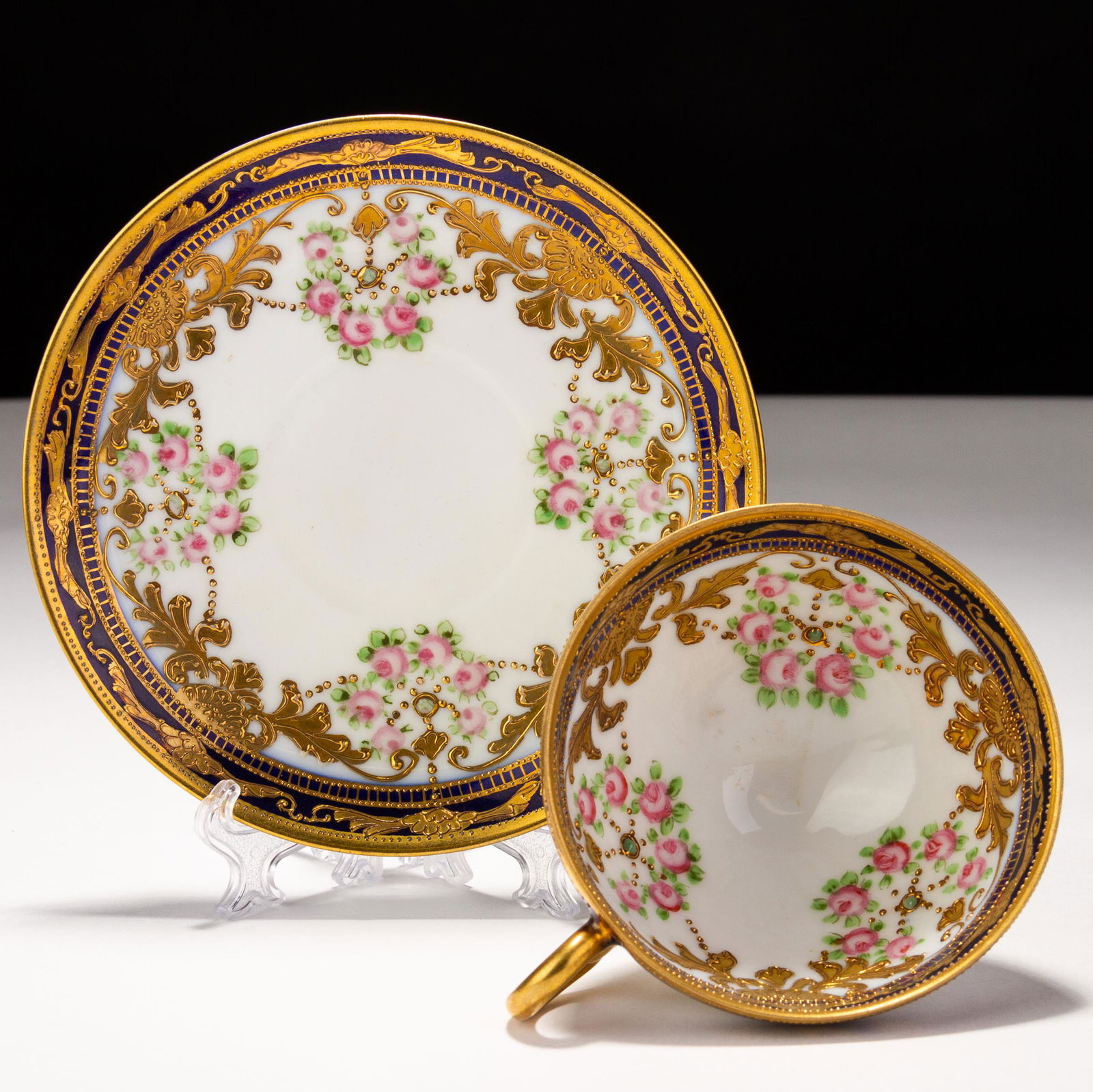 Noritake Japanese Art Nouveau Enamel Porcelain Cup & Saucer: MEASURES APPROX SAUCER 13CM; TEACUP 10.5 X 6CM. Please follow us on Instagram to stay updated with our current and future auctions: @albinus_auctions. Study all photographs carefully to get an accurat