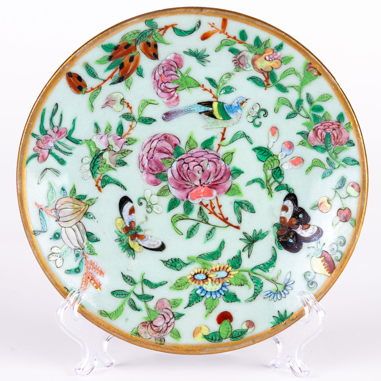 Chinese Canton Famille Rose Celadon Porcelain Qing Plate: DIMENSIONS APPROX 18.5x18.5x3CM. Please carefully study all photographs to get an accurate idea of the object. In good condition, as seen. Shipping is in-house and we ship internationally to US and re