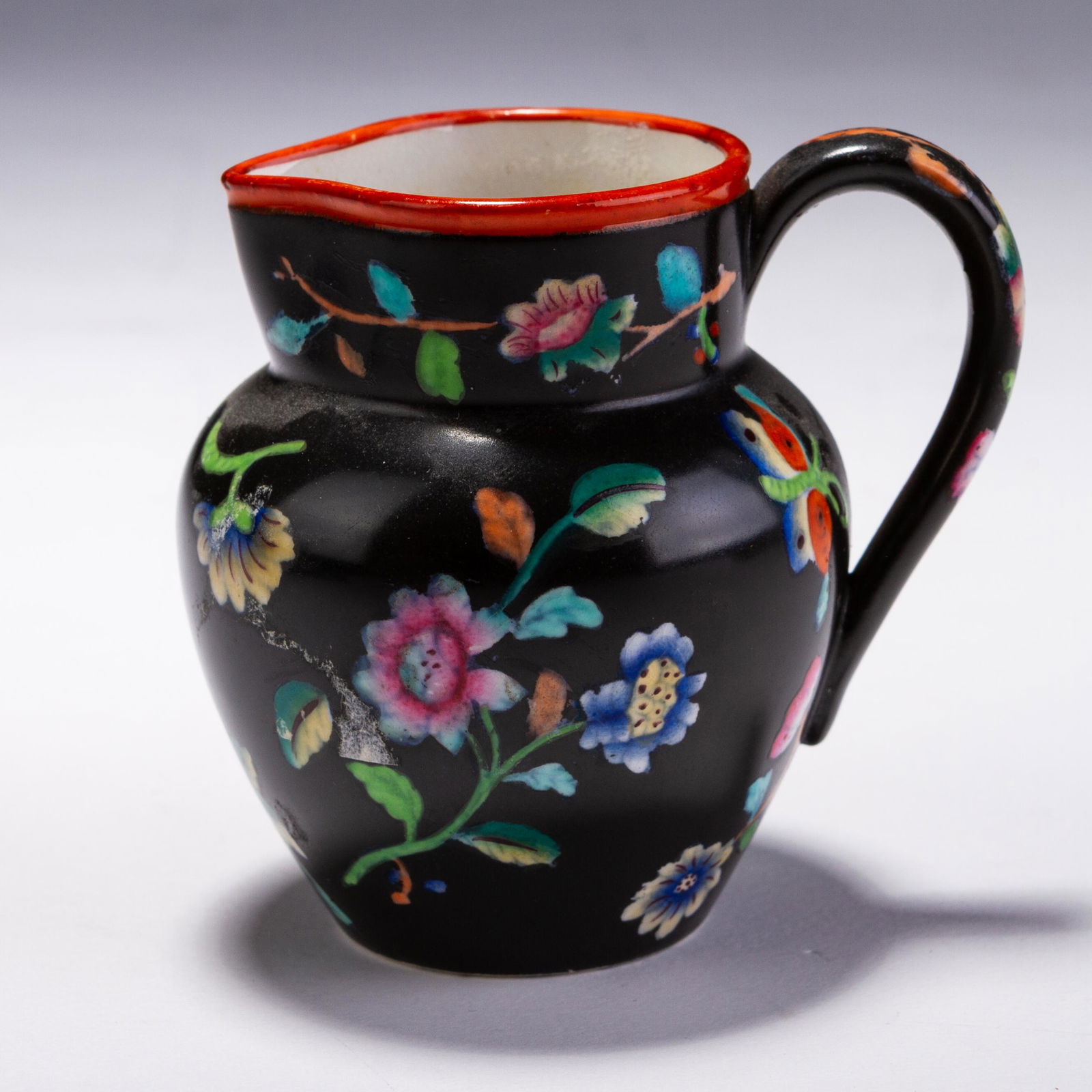 Georgian ca. 1830 Black Floral Creamware Pitcher Jug (1 of 5)